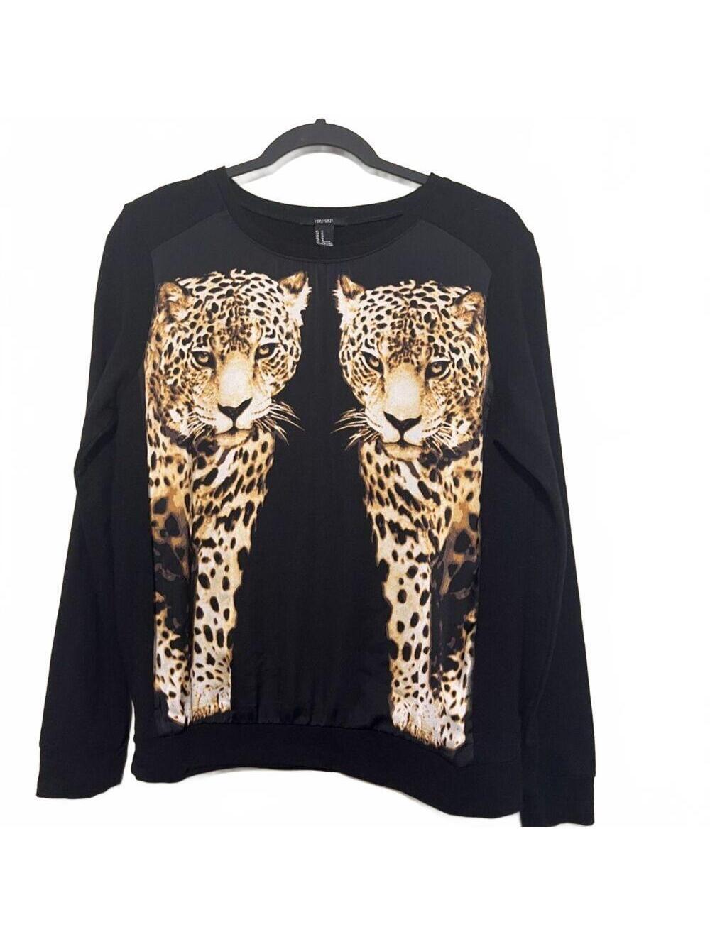 Forever 21 Black Sweatshirt with Leopard Print Design Size M